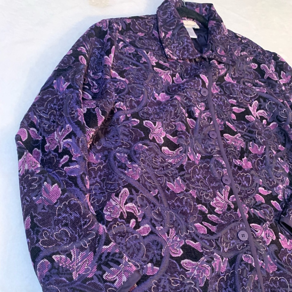 XL Coldwater Creek Blazer,Purple and Black Floral. SilverThreading,Slenderizing! - Picture 12 of 15
